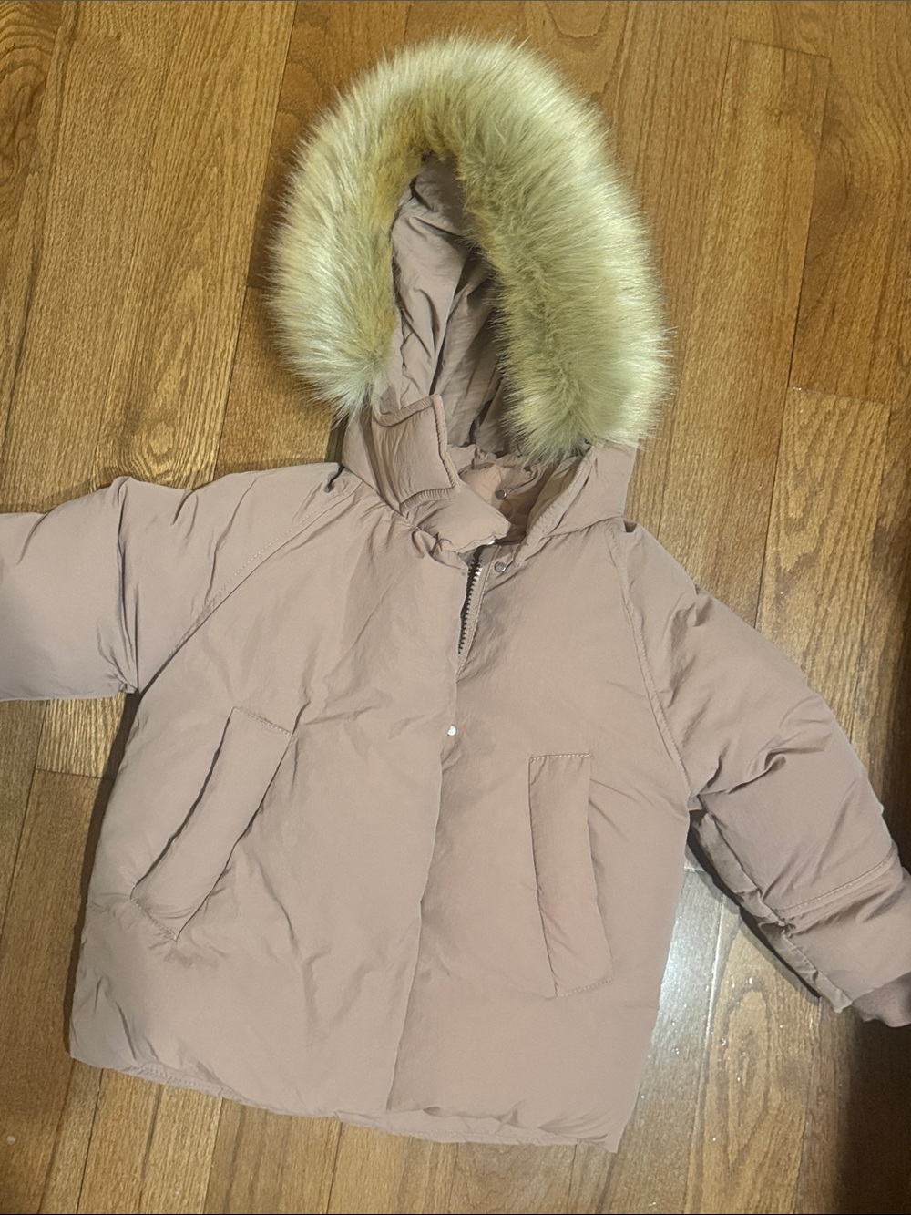 Zara Girls Puffer Jacket with Faux-Fur Hood